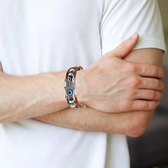 Stainless Steel Leather and Beaded Hamsa/Hand of Fatima Evil Eye NWT - Picture 3 of 6